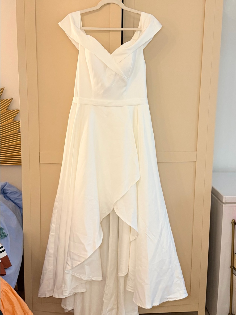 Off-Shoulder White Bridal Midi Dress with Draped Overlay